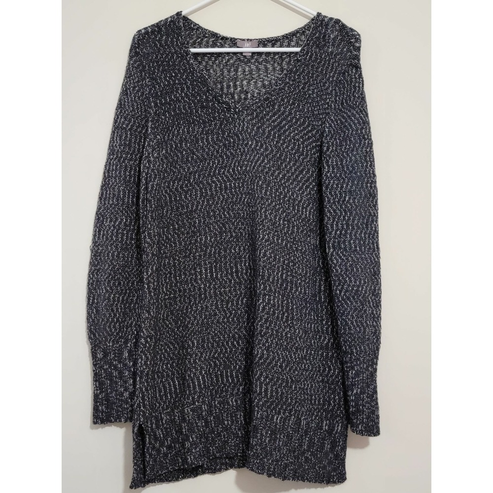 J. Jill Womens Black White Marled V-Neck‎ Tunic Sweater Size L Textured Knit